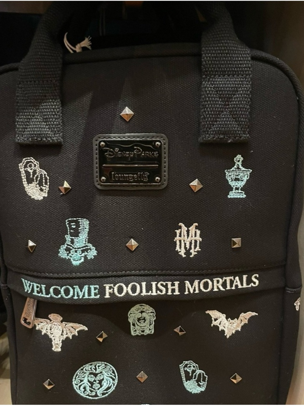 Disney Parks Haunted Mansion Loungefly Black 'Welcome Foolish Mortals' Backpack